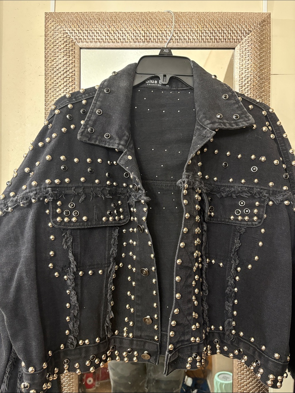 Studded Black Jean Jacket with Distressed Trim - Unbranded
